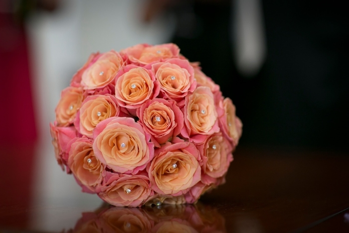 peach and pink wedding bouquet 